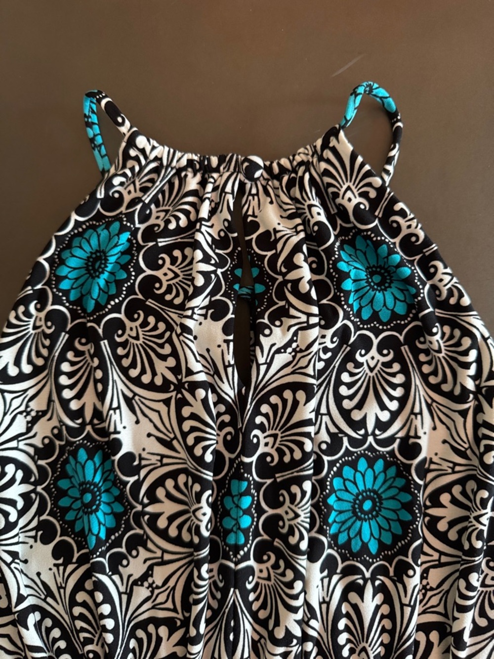 London Times Black White Teal Floral Halter Dress - Picture 3 of 3